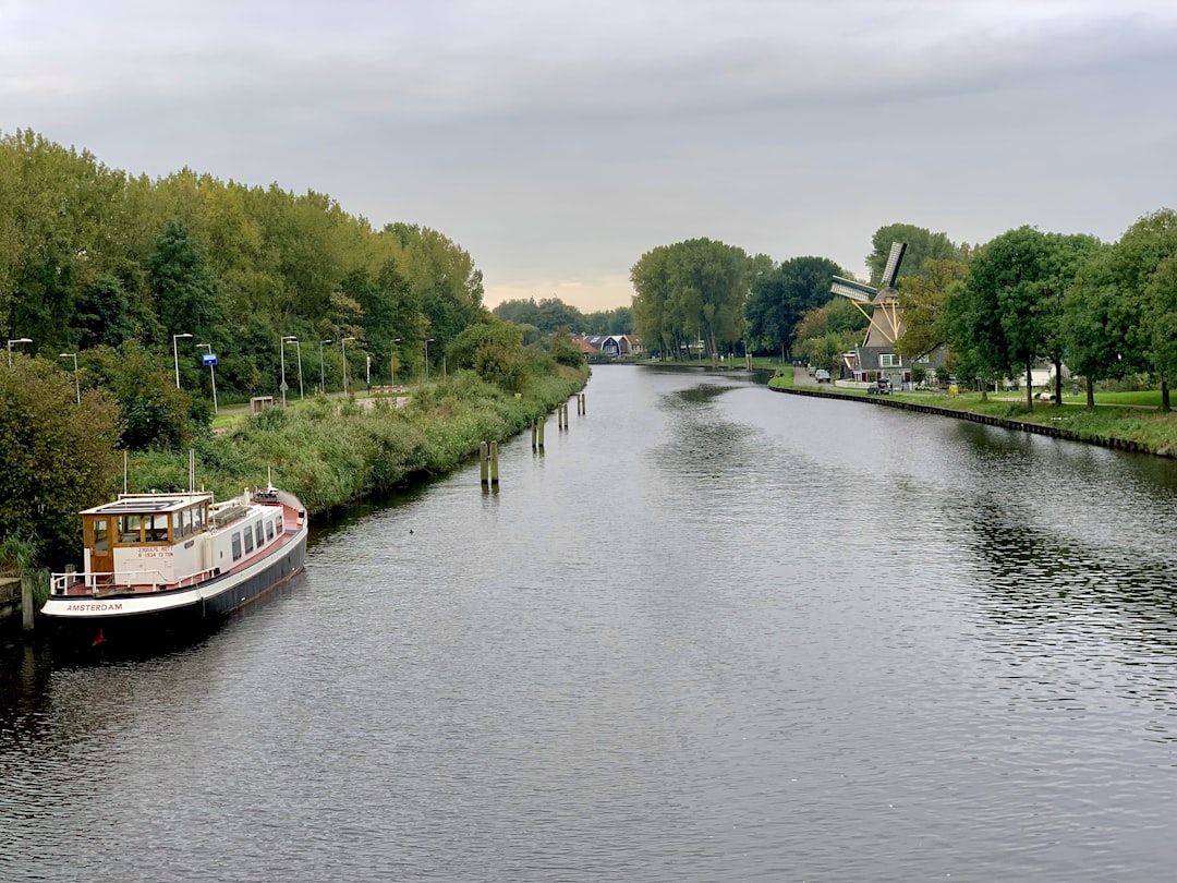 a boat traveling down a river next to a lush green forest,