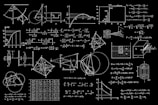 A collection of complex mathematical diagrams and equations displayed on a blackboard-like background. Various geometric shapes, graphs, and physics formulas are intricately detailed, showing a range of mathematical concepts from calculus to geometry and trigonometry.