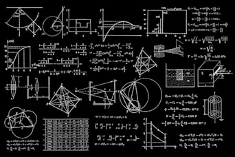A collection of complex mathematical diagrams and equations displayed on a blackboard-like background. Various geometric shapes, graphs, and physics formulas are intricately detailed, showing a range of mathematical concepts from calculus to geometry and trigonometry.