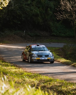 A rally car speeds along a winding road surrounded by lush greenery. The car is marked with sponsors and a racing number, indicating its participation in a motorsport event. Sunlight filters through the trees, casting patches of light and shadow on the road.