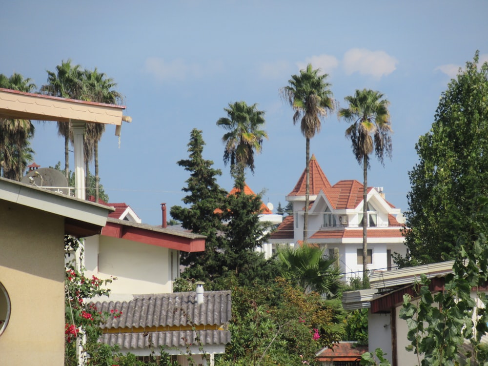 a row of houses with palm trees in the background