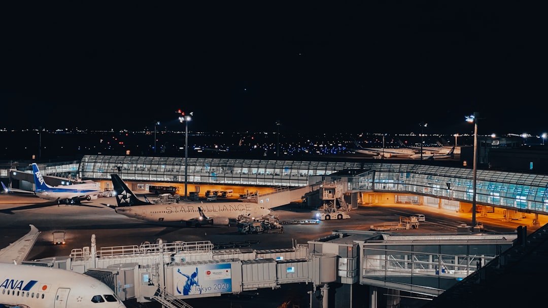 a large jetliner sitting on top of an airport tarmac, Haneda Airport at night