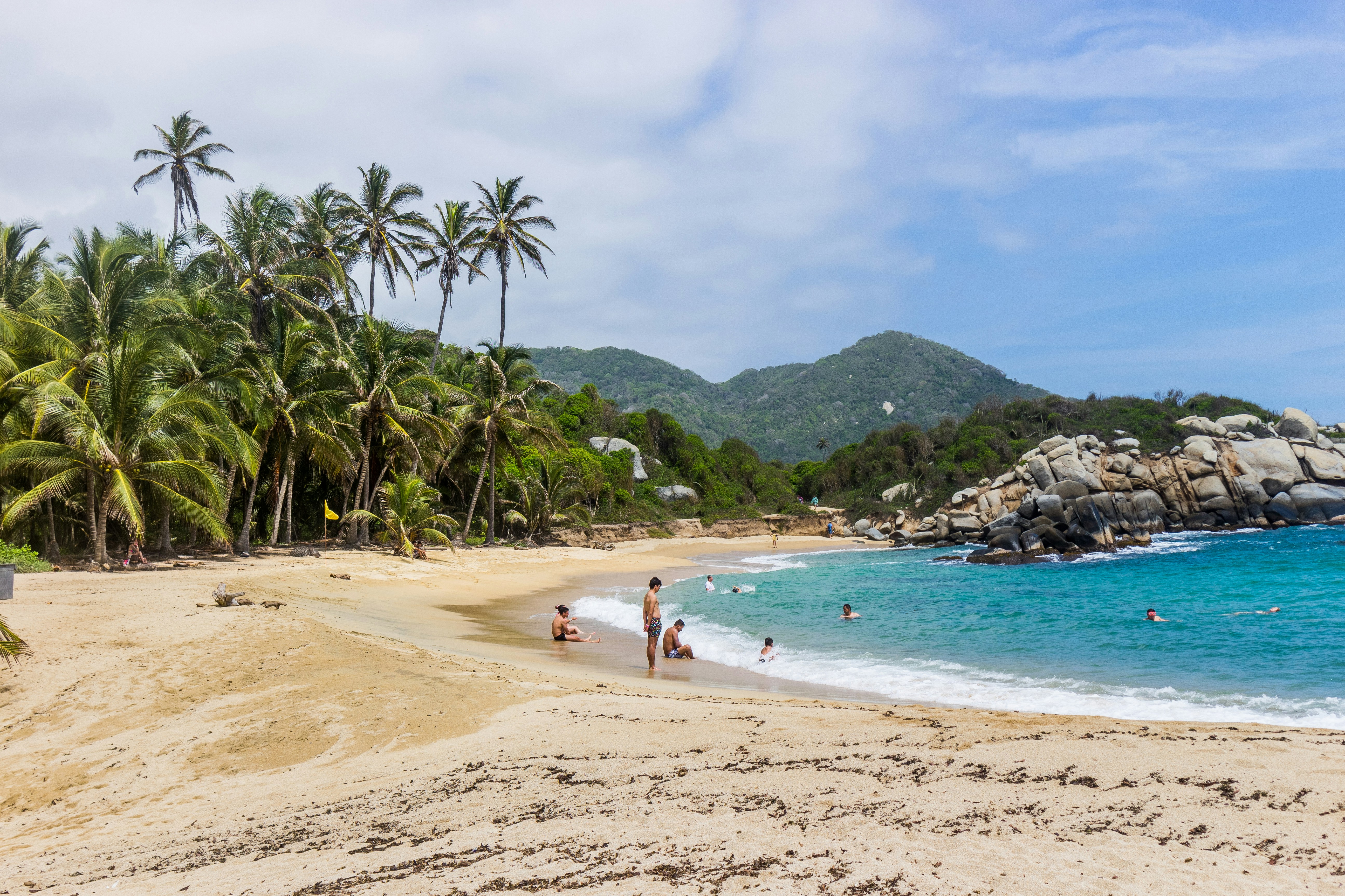 a sandy beach with palm trees and people swimming in the water, 
