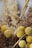 A close-up of dried floral arrangements featuring clusters of yellow spherical flowers and brown fluffy grasses. The image captures the intricate textures and natural hues, with tightly packed buds and feathery, wispy components creating a rustic and organic aesthetic.