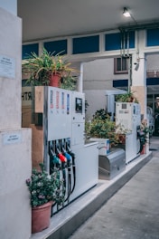 Multiple fuel pumps lined up at a gas station adorned with potted plants. The pumps have colorful nozzles and are positioned under a covered area with overhead lighting. Walls feature signs offering free car washes.