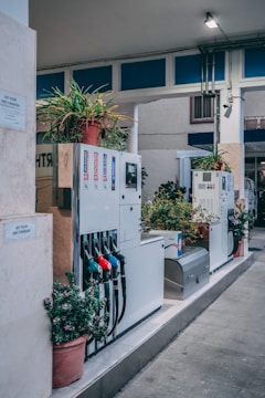 Multiple fuel pumps lined up at a gas station adorned with potted plants. The pumps have colorful nozzles and are positioned under a covered area with overhead lighting. Walls feature signs offering free car washes.