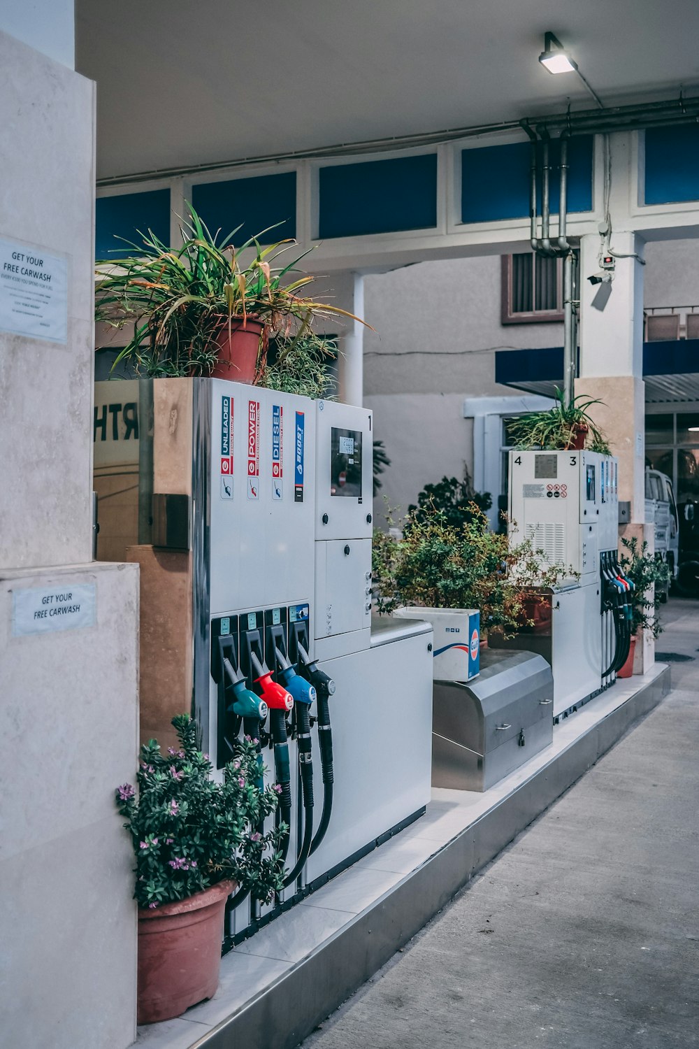 a gas station with a lot of plants on the side of the building