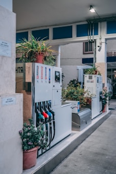 Multiple fuel pumps lined up at a gas station adorned with potted plants. The pumps have colorful nozzles and are positioned under a covered area with overhead lighting. Walls feature signs offering free car washes.