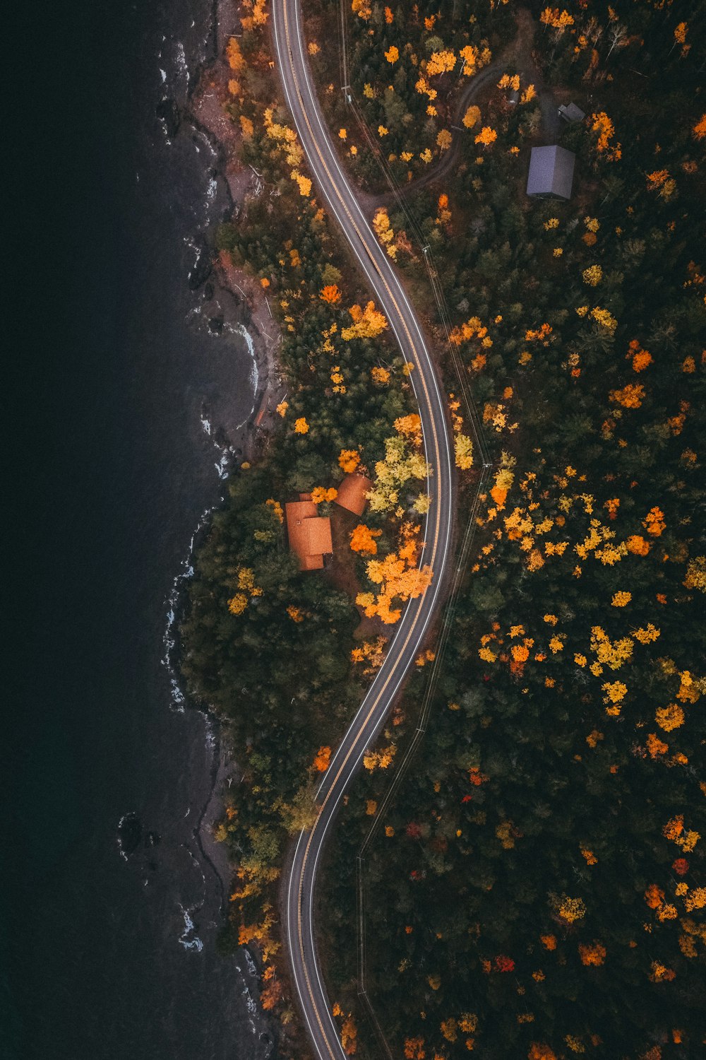 an aerial view of a road winding through a forest