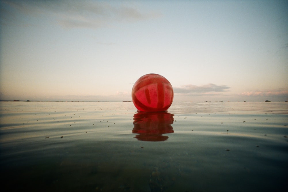 una bola roja flotando sobre un cuerpo de agua