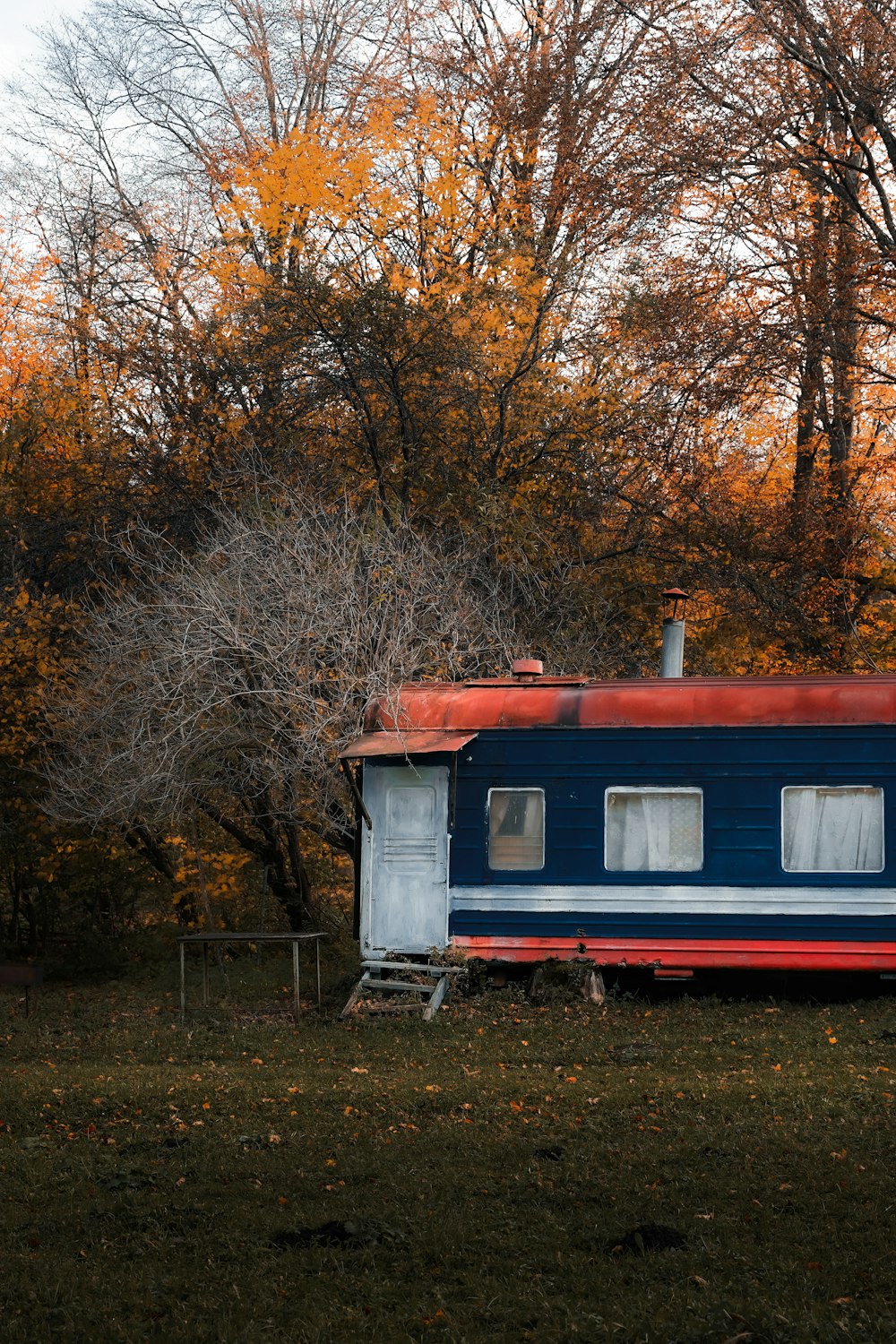 a blue and red house sitting on top of a lush green field