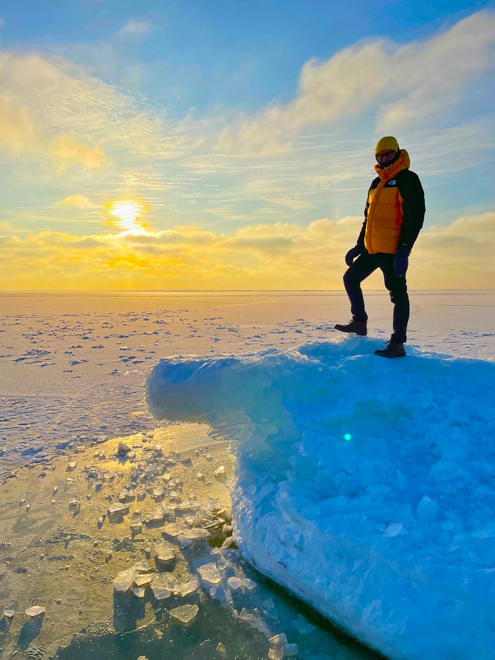 a man standing on top of an ice floet