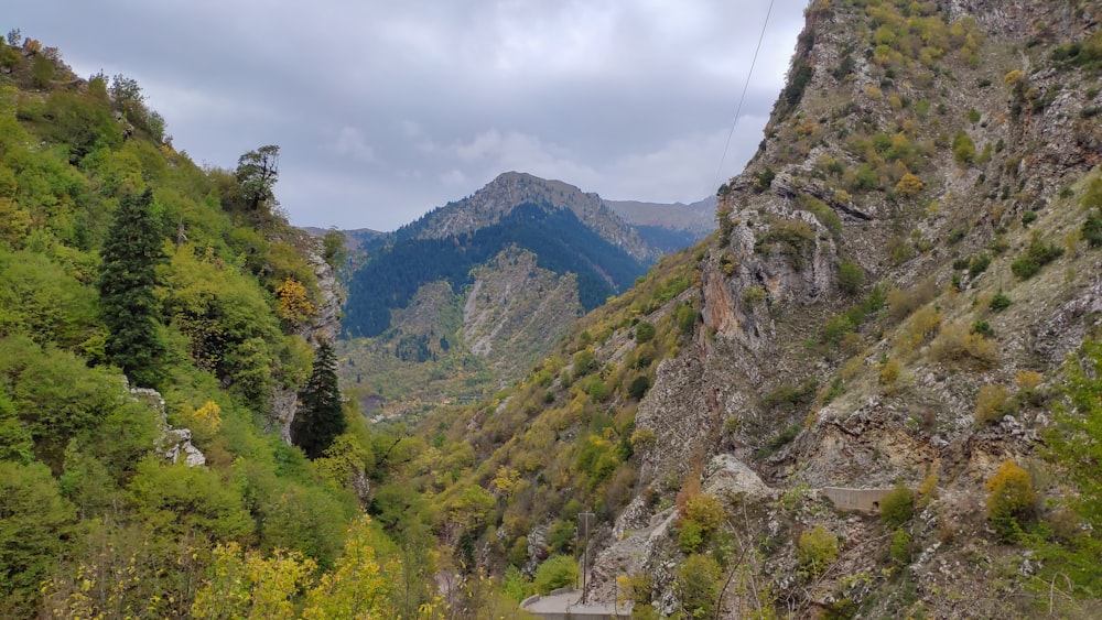 a road going through a valley with a mountain in the background