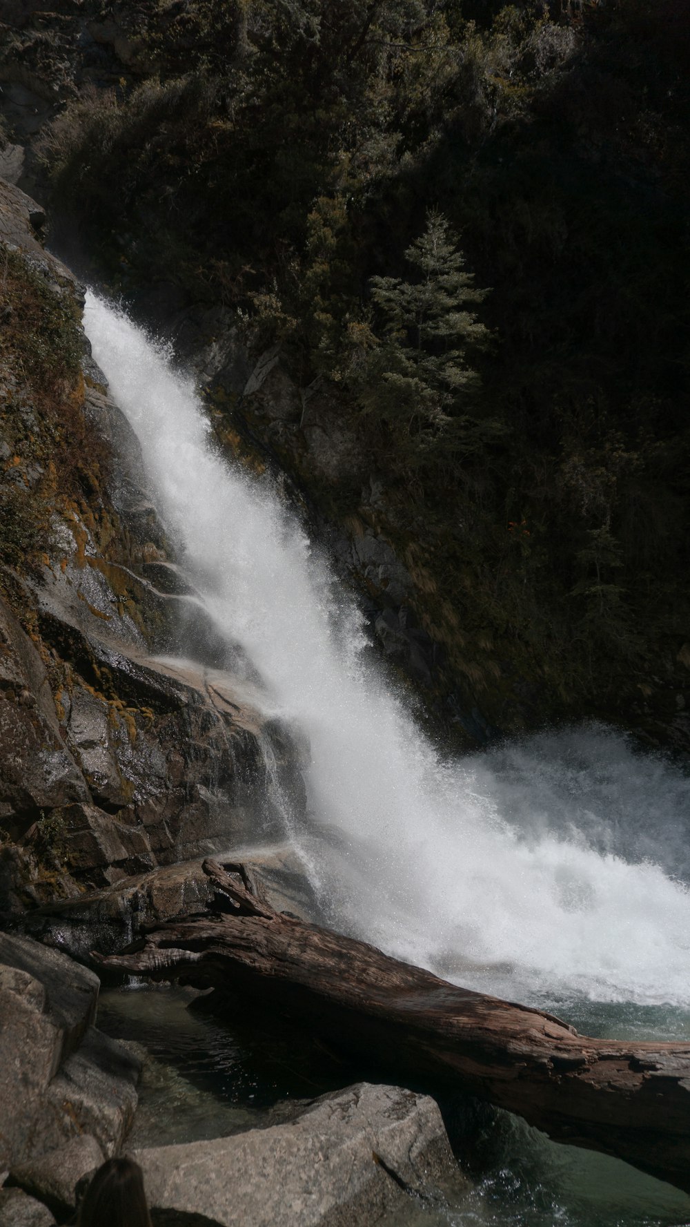 a man standing on a rock next to a waterfall