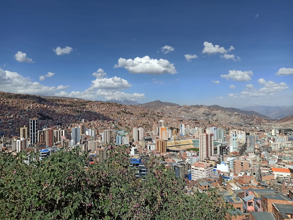 Una vista di una città con le montagne sullo sfondo