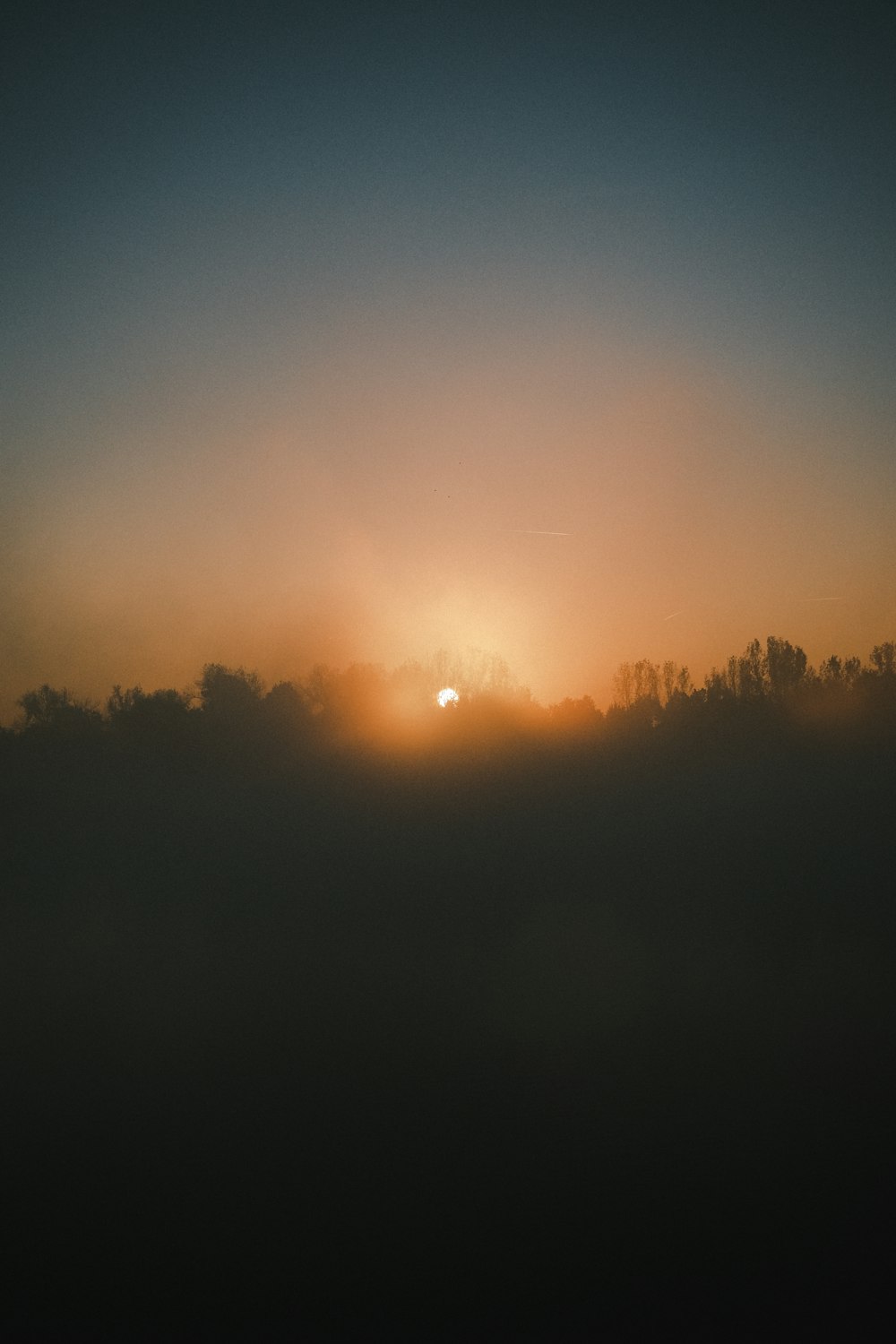 the sun is setting over the trees in the distance