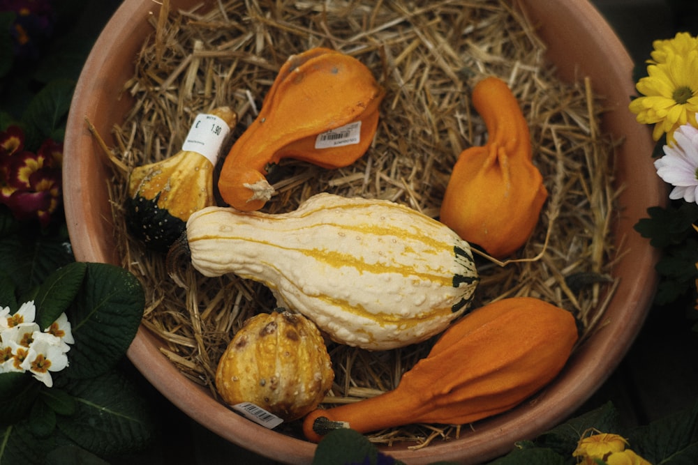 una ciotola piena di zucche e fiori finti