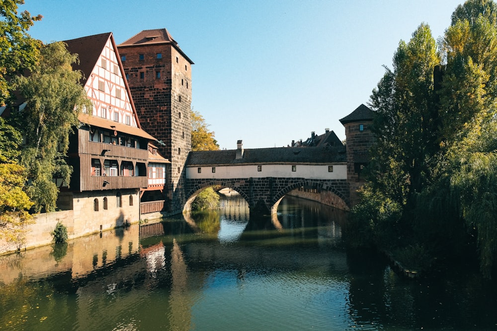 a bridge over a body of water next to tall buildings