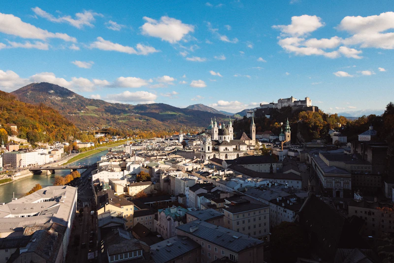 Aerial view of Salzburg with the mountains rising behind
