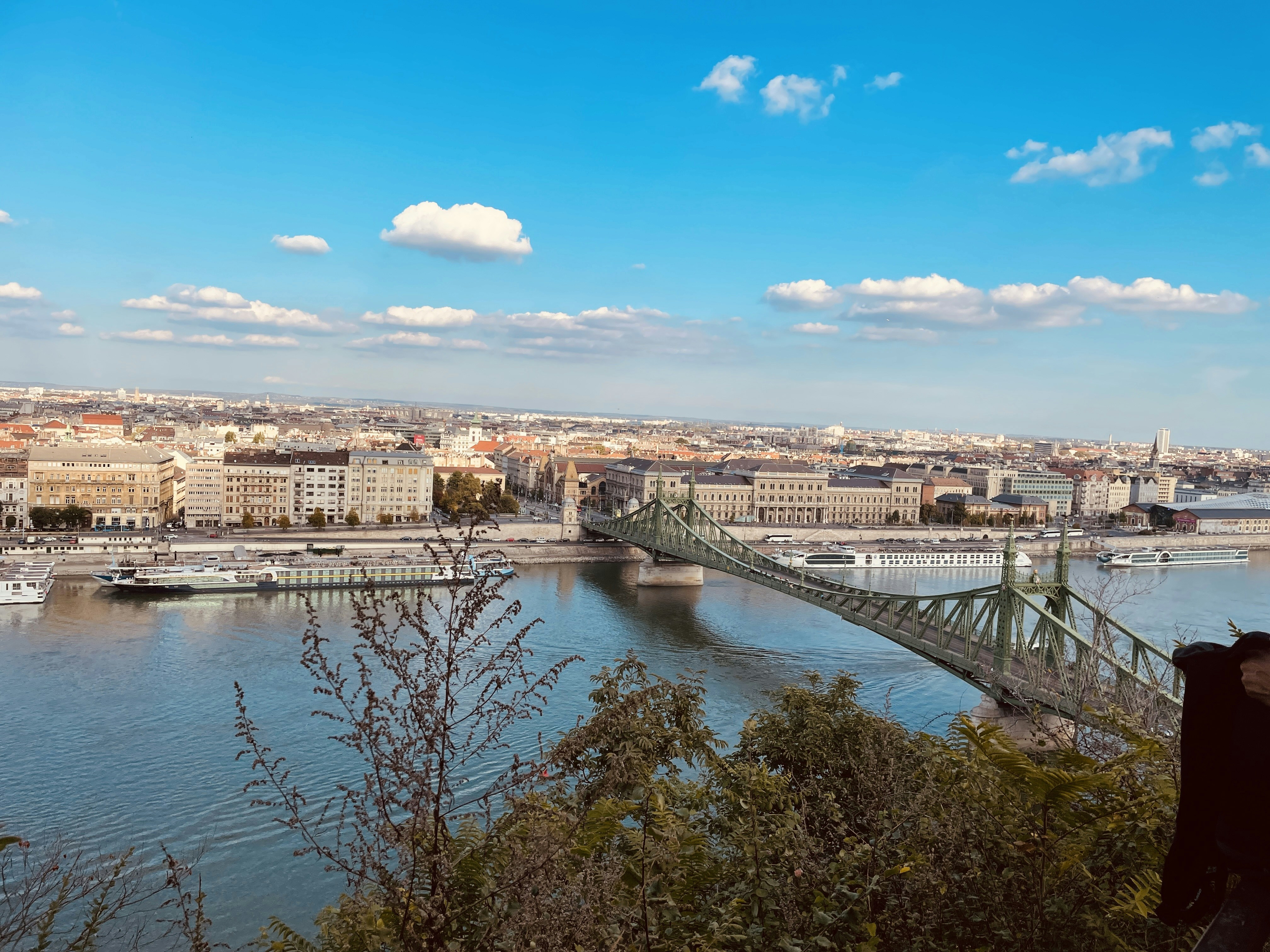 a bridge over a river with a city in the background