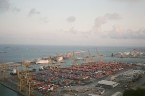 An aerial view of multiple ships docked at a busy port with containers being loaded.