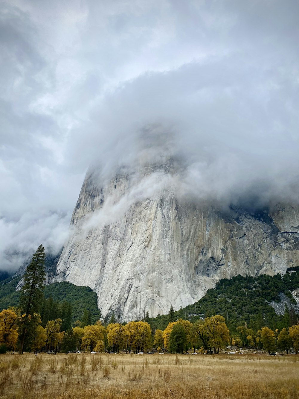 a very tall mountain covered in clouds and trees