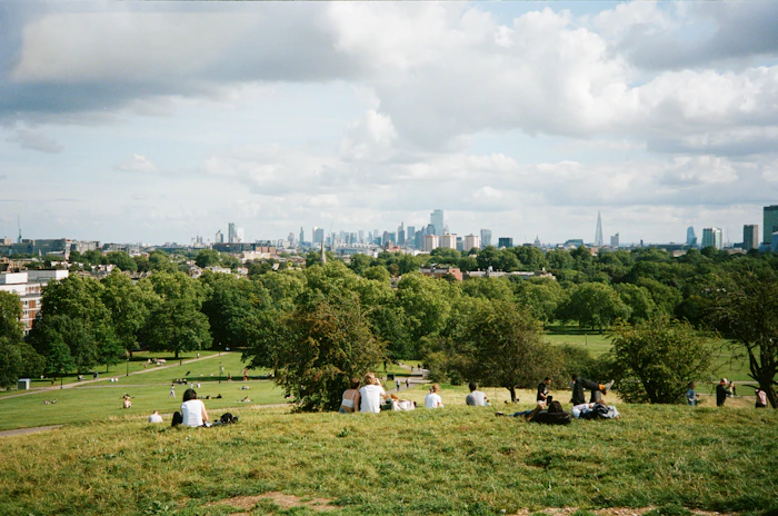 People sitting on the grass on a hill in a London park, an easy public place for a first meeting