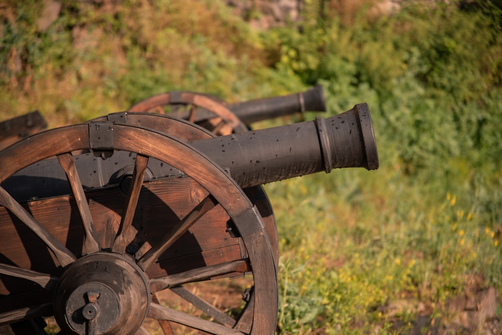 a close up of a cannon on a grassy hill
