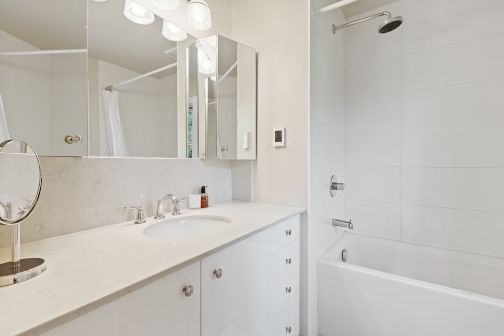 a bathroom with a sink, mirror and bathtub