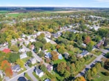 Aerial view of a suburban housing cluster with green spaces.