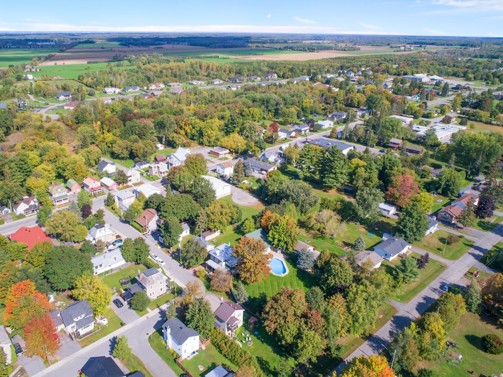 an aerial view of a neighborhood in the fall