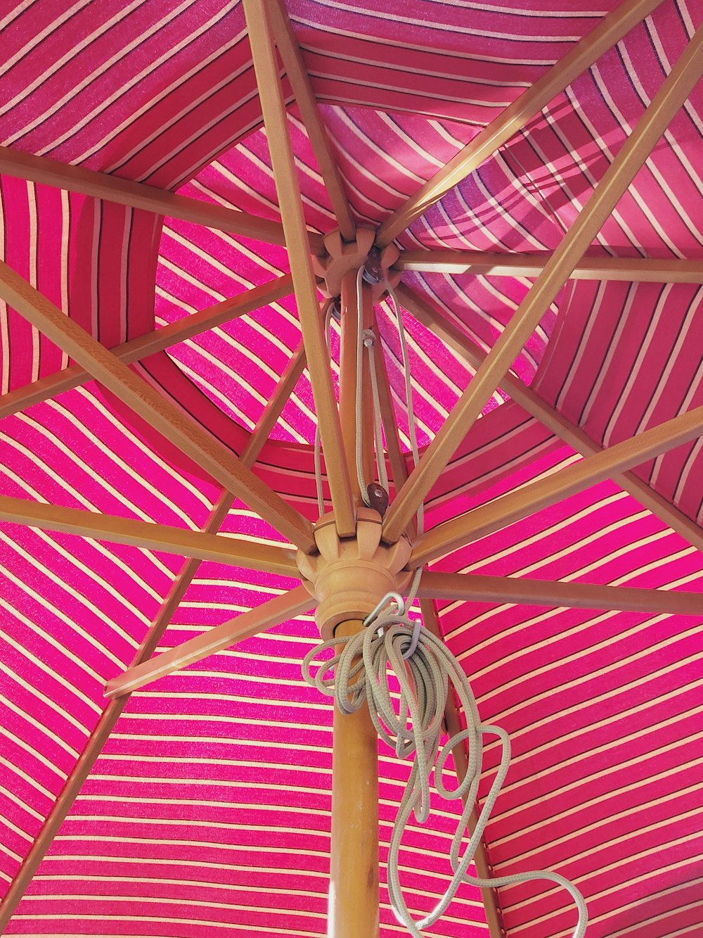 a close up of a pink and white umbrella