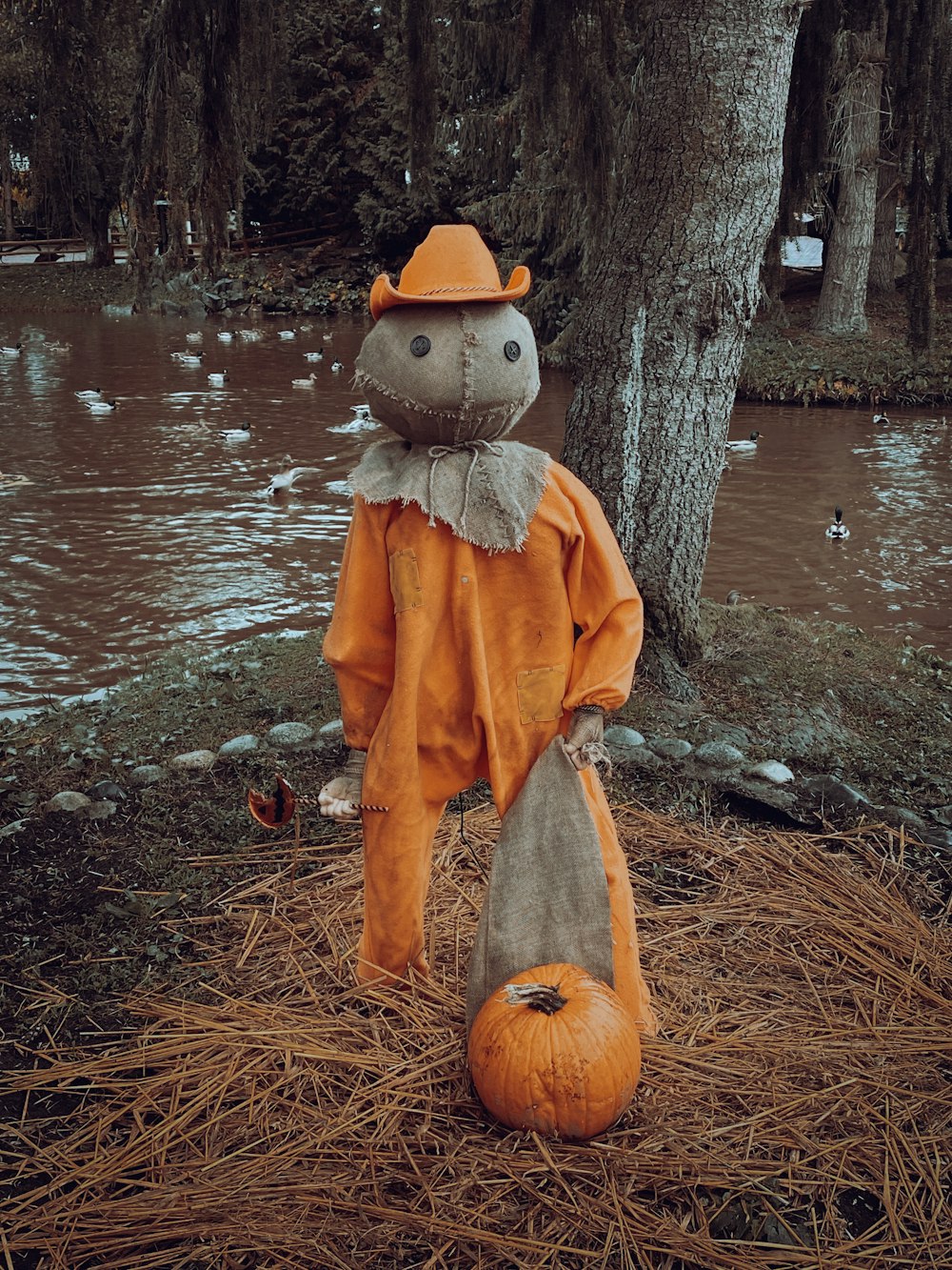 a scarecrow doll sitting in a pile of hay next to a tree