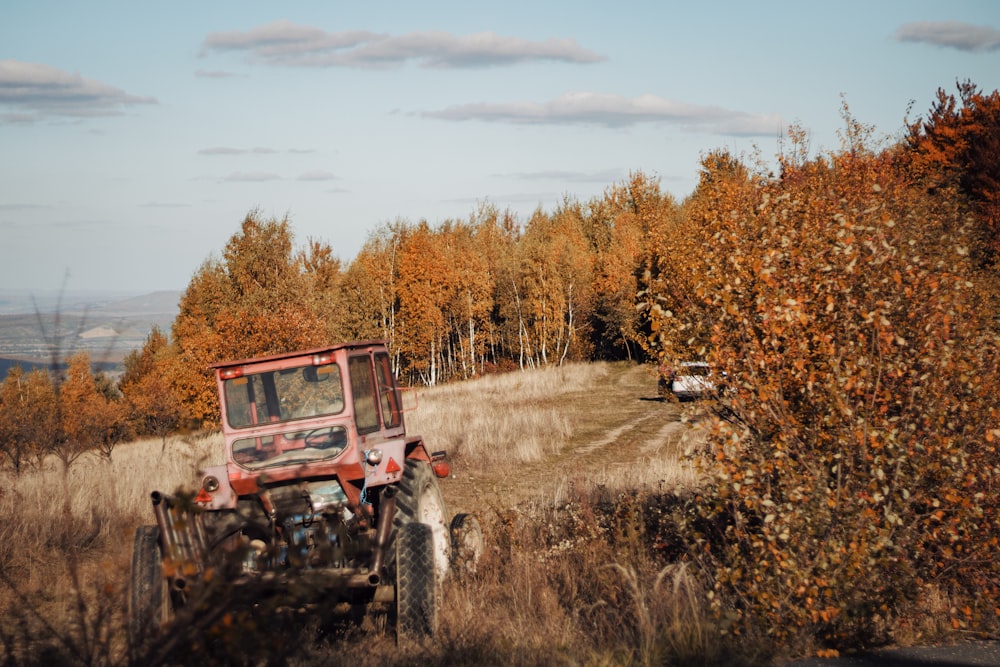 a red jeep driving through a forest filled with trees