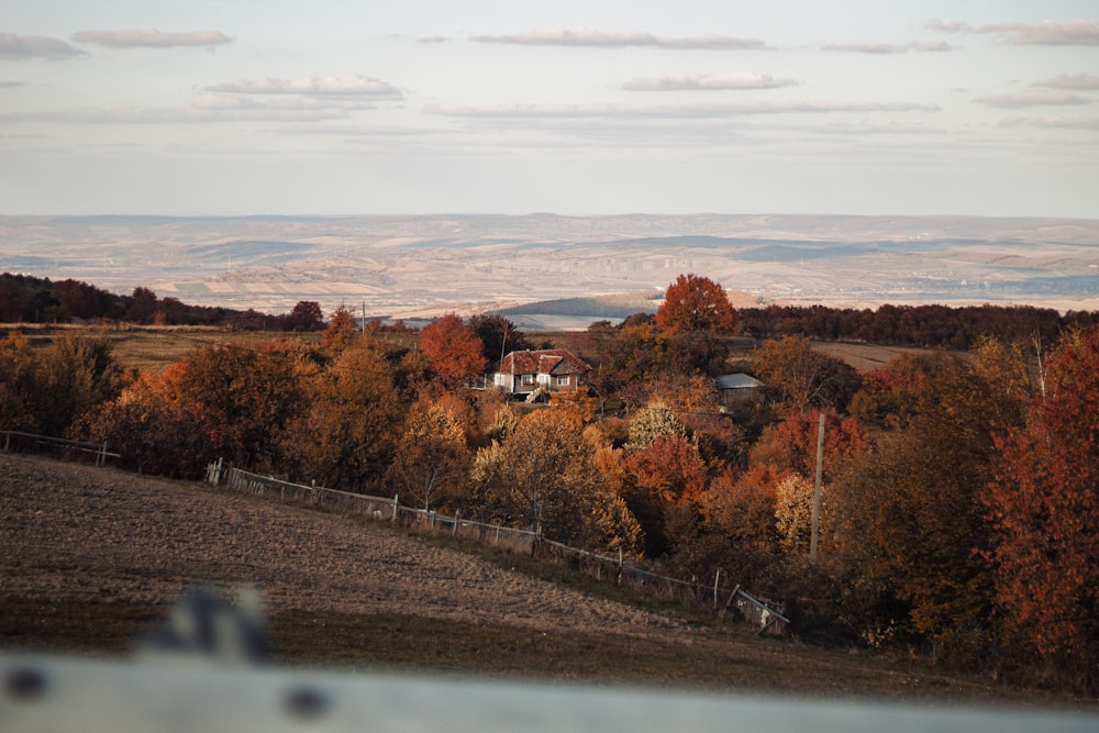 a view of a field with a house in the distance