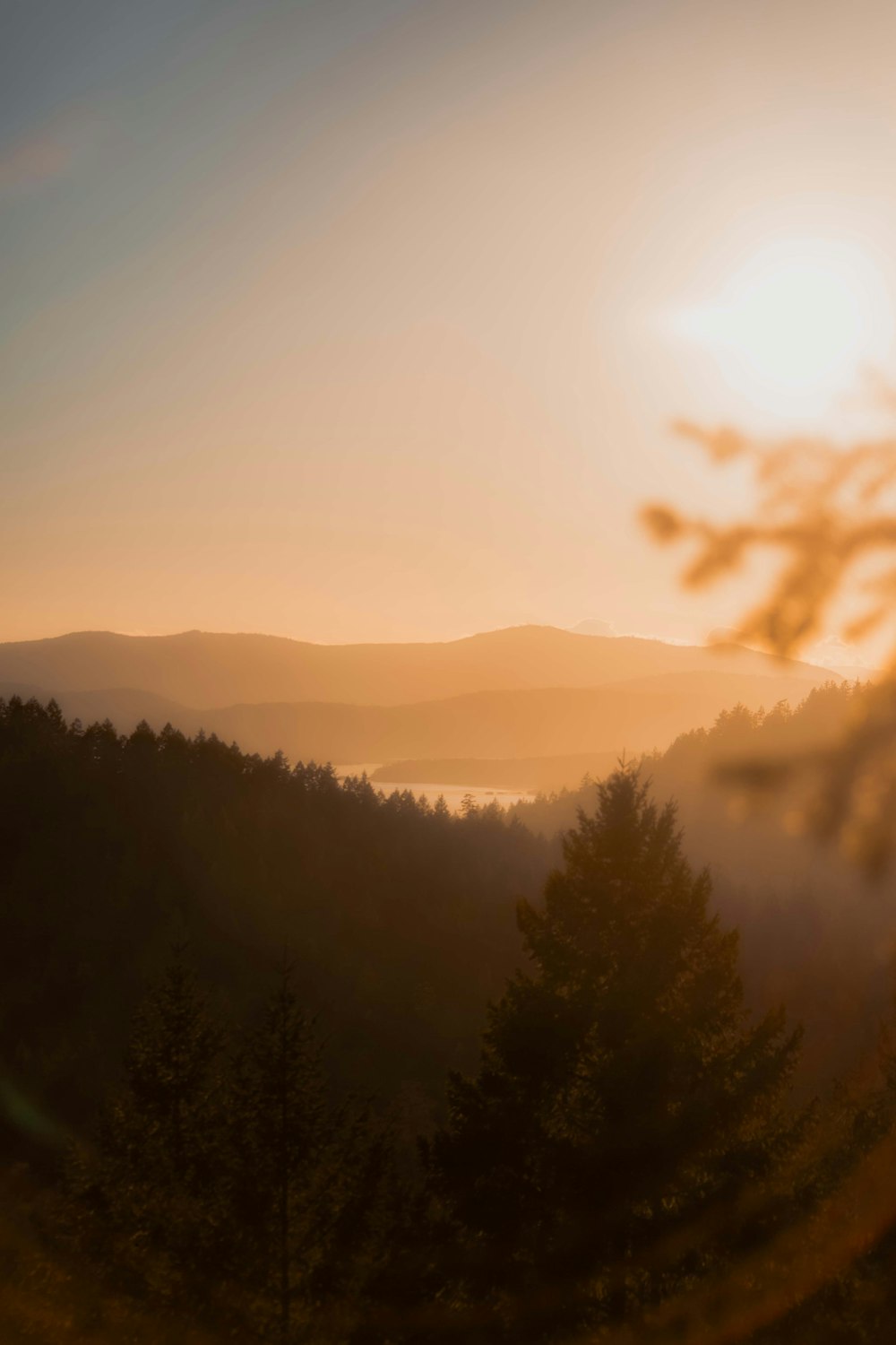 the sun is setting over the mountains and trees