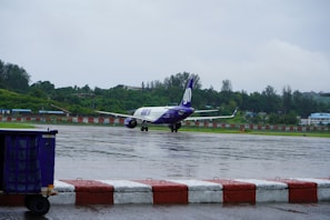 A stationary airplane with a purple and white livery is positioned on a wet airport runway with lush green hills and trees in the background. The ground is wet from rain, reflecting the aircraft slightly. In the foreground, a blue baggage cart is visible, bordered by red and white striped barriers.