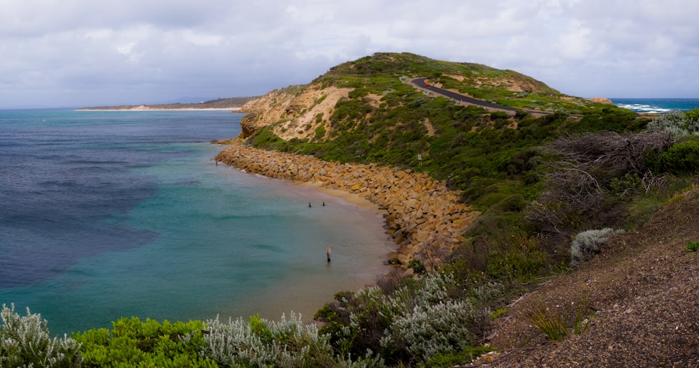 a scenic view of a beach and ocean