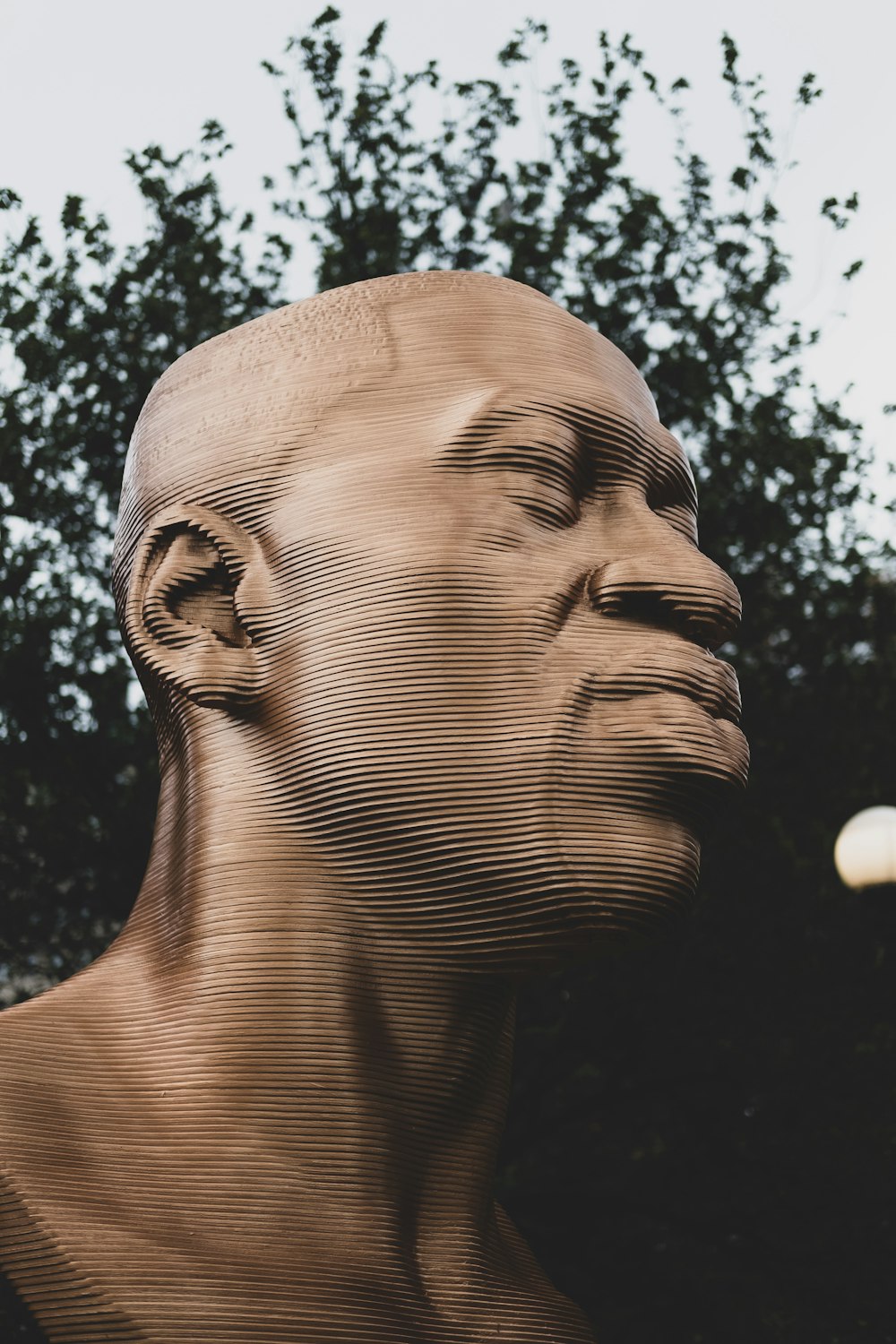 una escultura de la cabeza de un hombre con árboles en el fondo