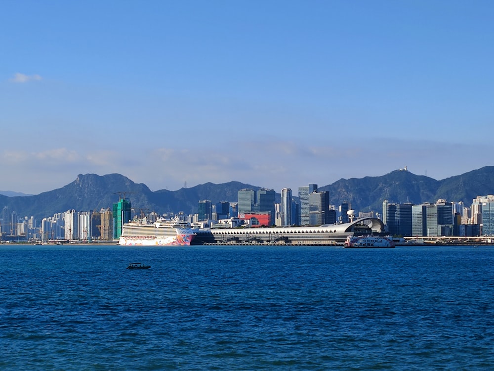 a large body of water with a city in the background