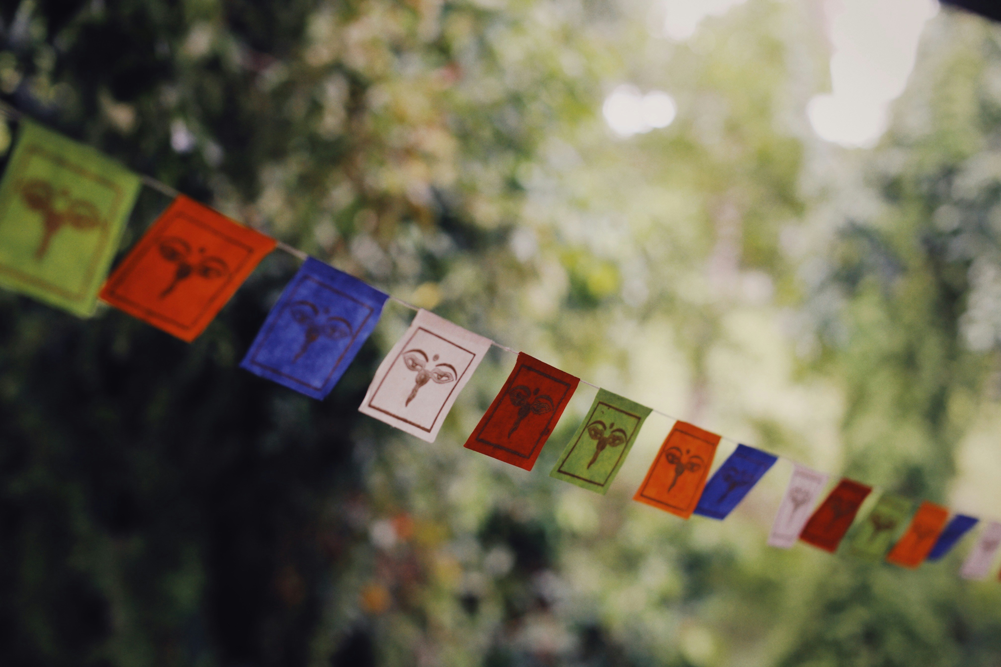 a string of colorful cards hanging from a tree