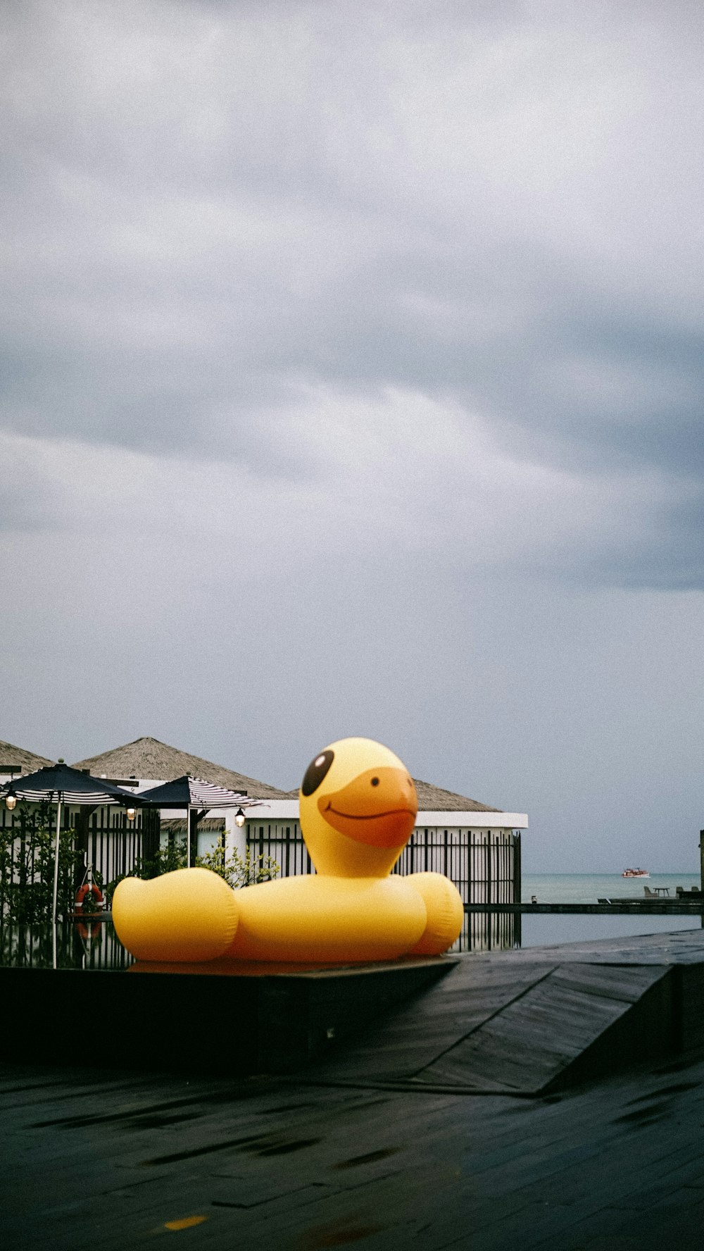 an inflatable rubber ducky floating on the water