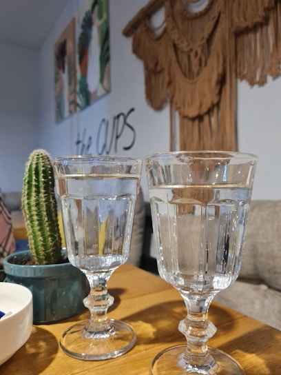 Two glass goblets filled with water are placed on a wooden table alongside a potted cactus. The background features wall decorations, including a fringed, woven hanging and some paintings. A part of a sign reading 'the CUPS' is visible on the wall.
