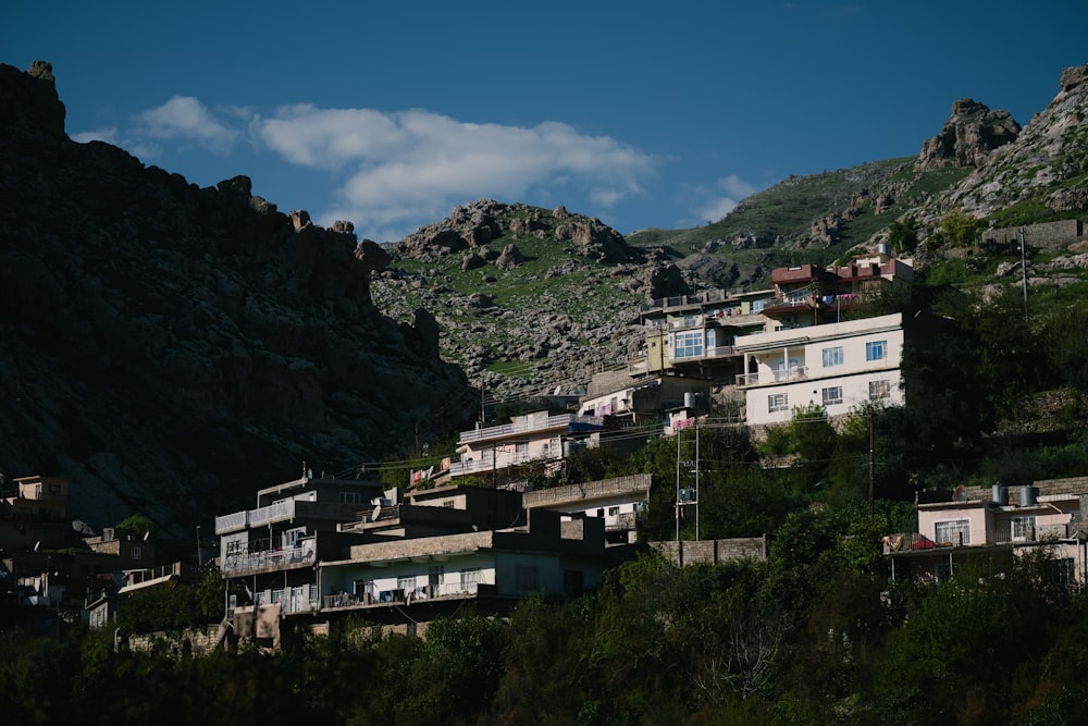 a hillside with houses on it and a mountain in the background