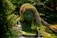 A large, intricately designed topiary sculpture of a woman's face and hand, integrated into a lush garden setting. The sculpture is covered in a variety of plants and flowers, with green, pink, and yellow tones. Water is flowing from the hand into a small pool, and the surrounding greenery is dense with various shades of foliage.