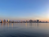 a large body of water with a city in the background