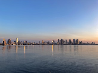 a large body of water with a city in the background