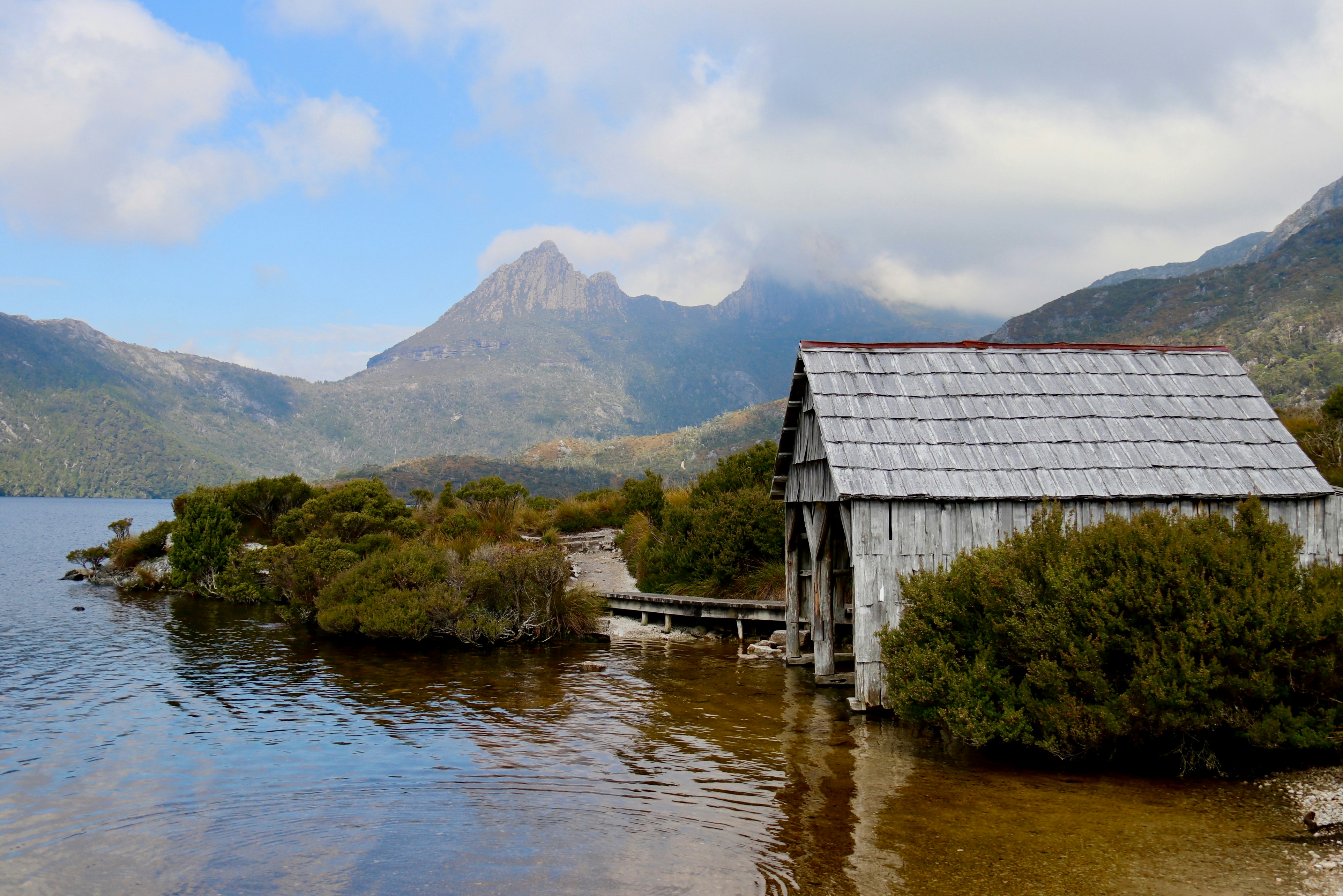 Distant view across Dove Lake to Cradle Mountain, Tasmania.