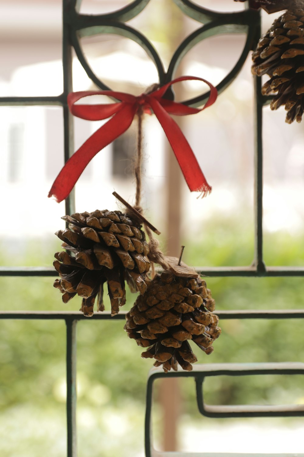 two pine cones hanging from a window sill