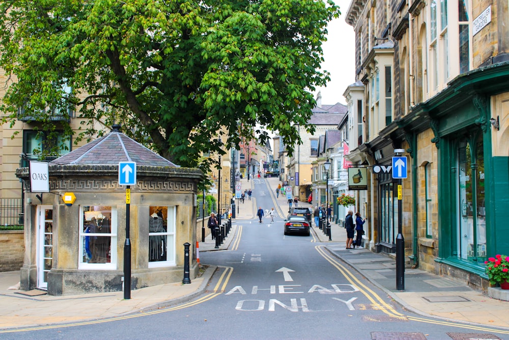 a city street with people walking on the sidewalk